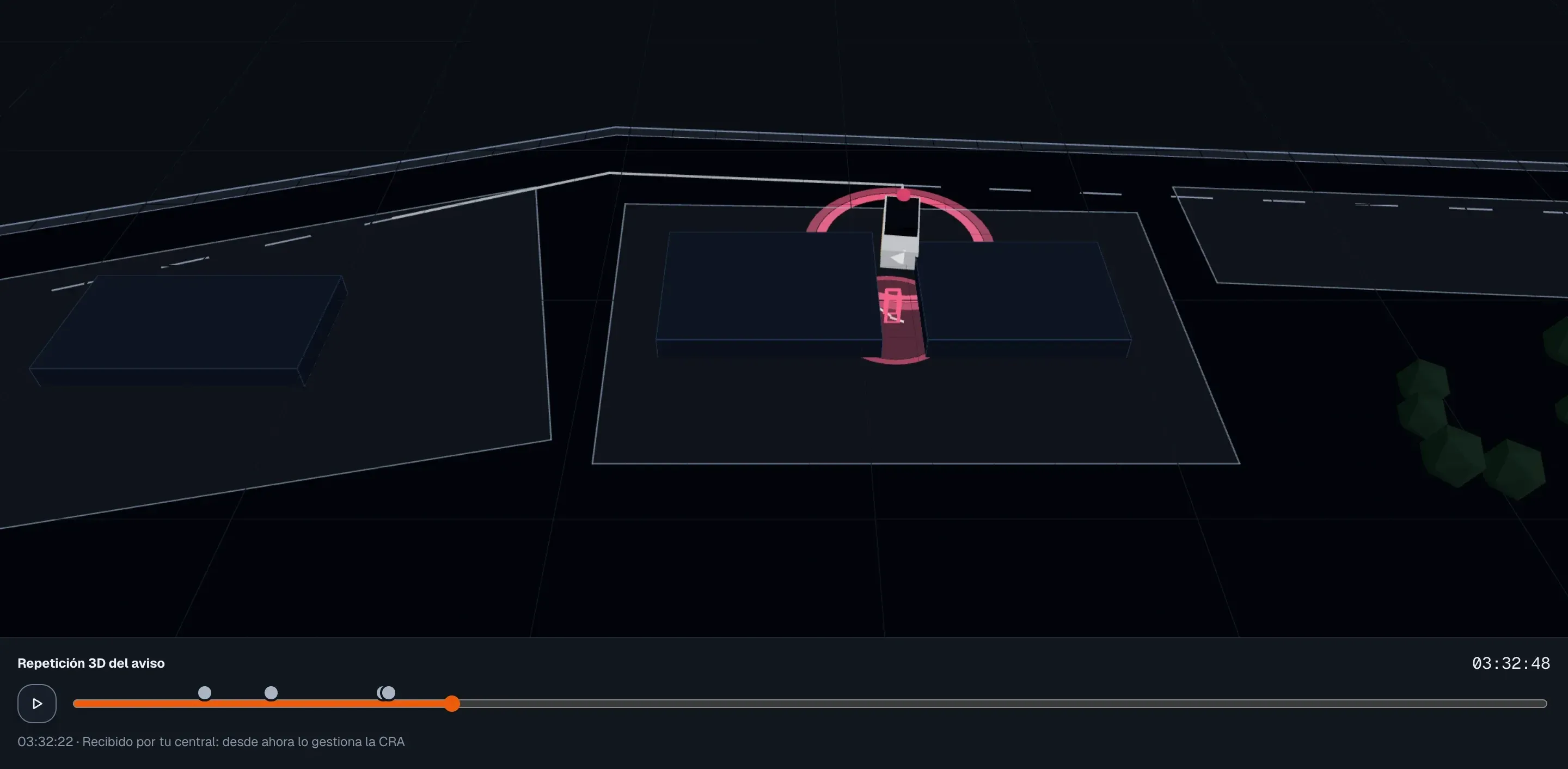 Maqueta de la repetición 3D de un aviso en SeaX View: zona Z2 · Naves hacia las 03:32, el robot SX-1 entre las dos naves y la persona detectada marcada en rojo, con la línea de tiempo del aviso.