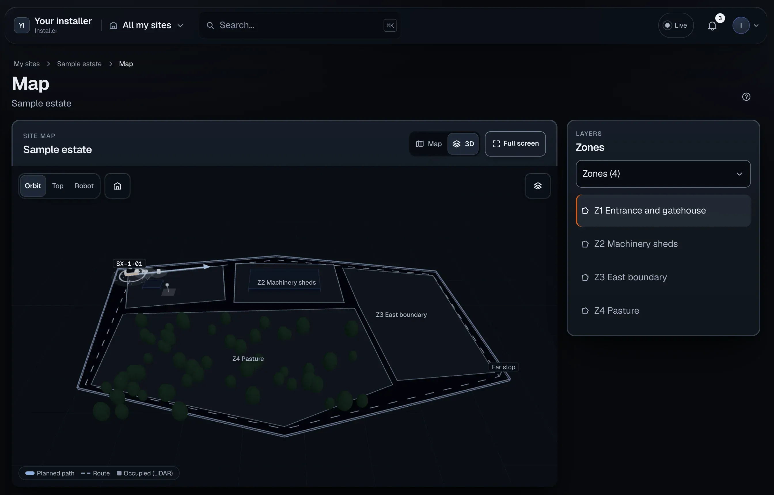 Mockup of SeaX Field: the 3D map of the Sample estate with its four zones, the SX-1·01 robot on its route and the “Zones” layer open.