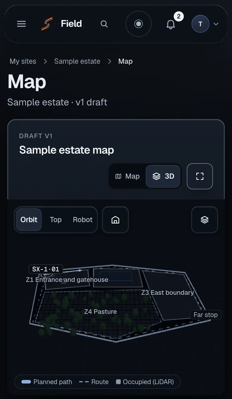 SeaX Field mockup on a phone: the map of a sample estate in 3D, with its four zones, the SX-1 robot’s route, its stops and what the LiDAR sees.