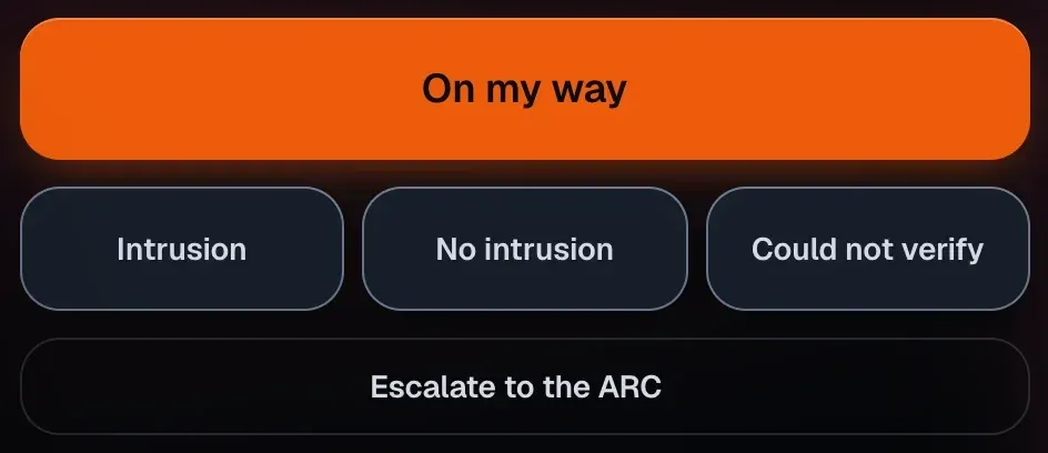 The officer’s post in SeaX Live: the “Active intrusion” alert in zone 2, the SX-1 camera live with the person marked, the “On my way”, “Intrusion”, “No intrusion”, “Could not verify” and “Escalate to the ARC” buttons, and the map with the alert point.