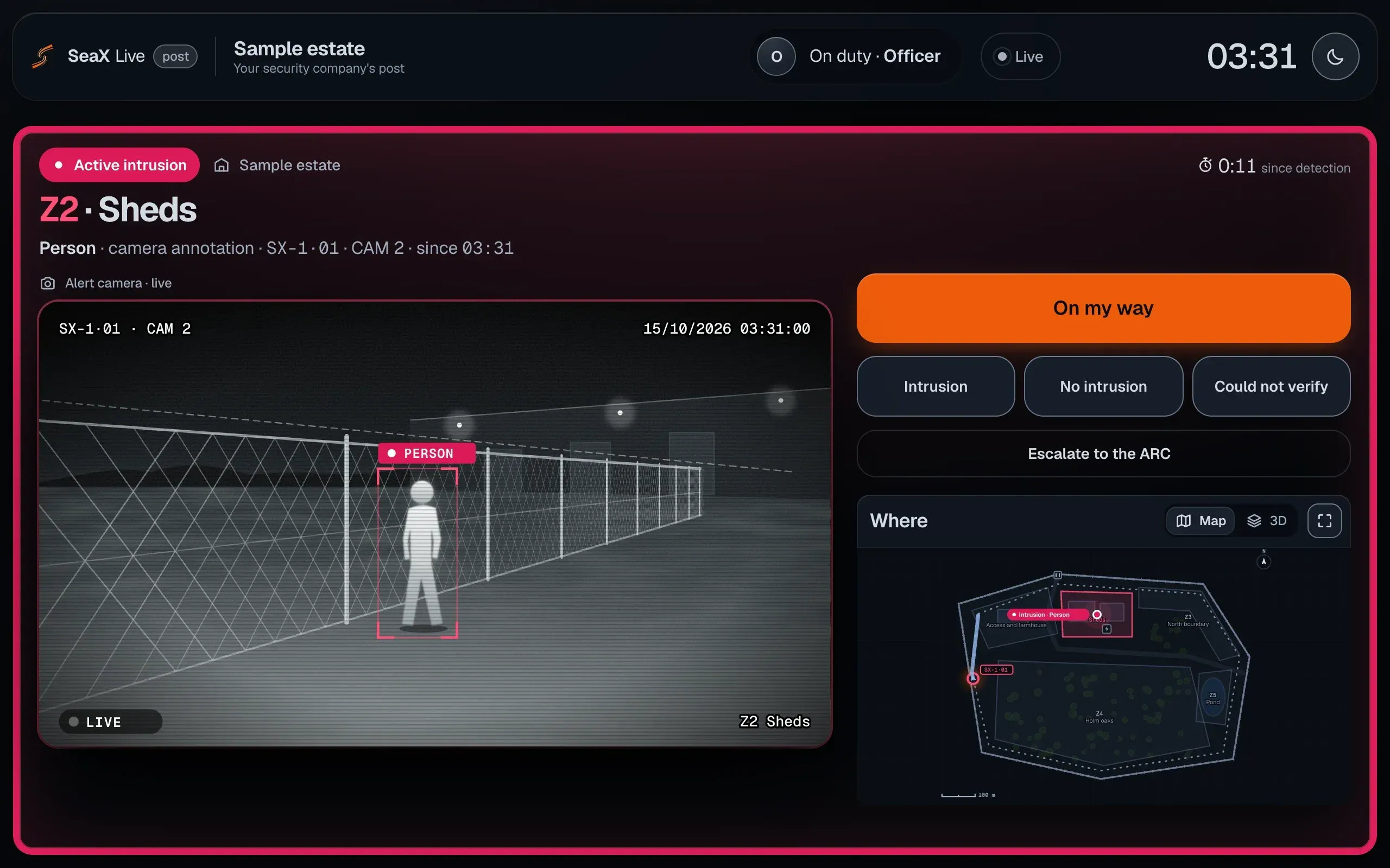 The officer’s post in SeaX Live: the “Active intrusion” alert in zone 2, the SX-1 camera live with the person marked, the “On my way”, “Intrusion”, “No intrusion”, “Could not verify” and “Escalate to the ARC” buttons, and the map with the alert point.
