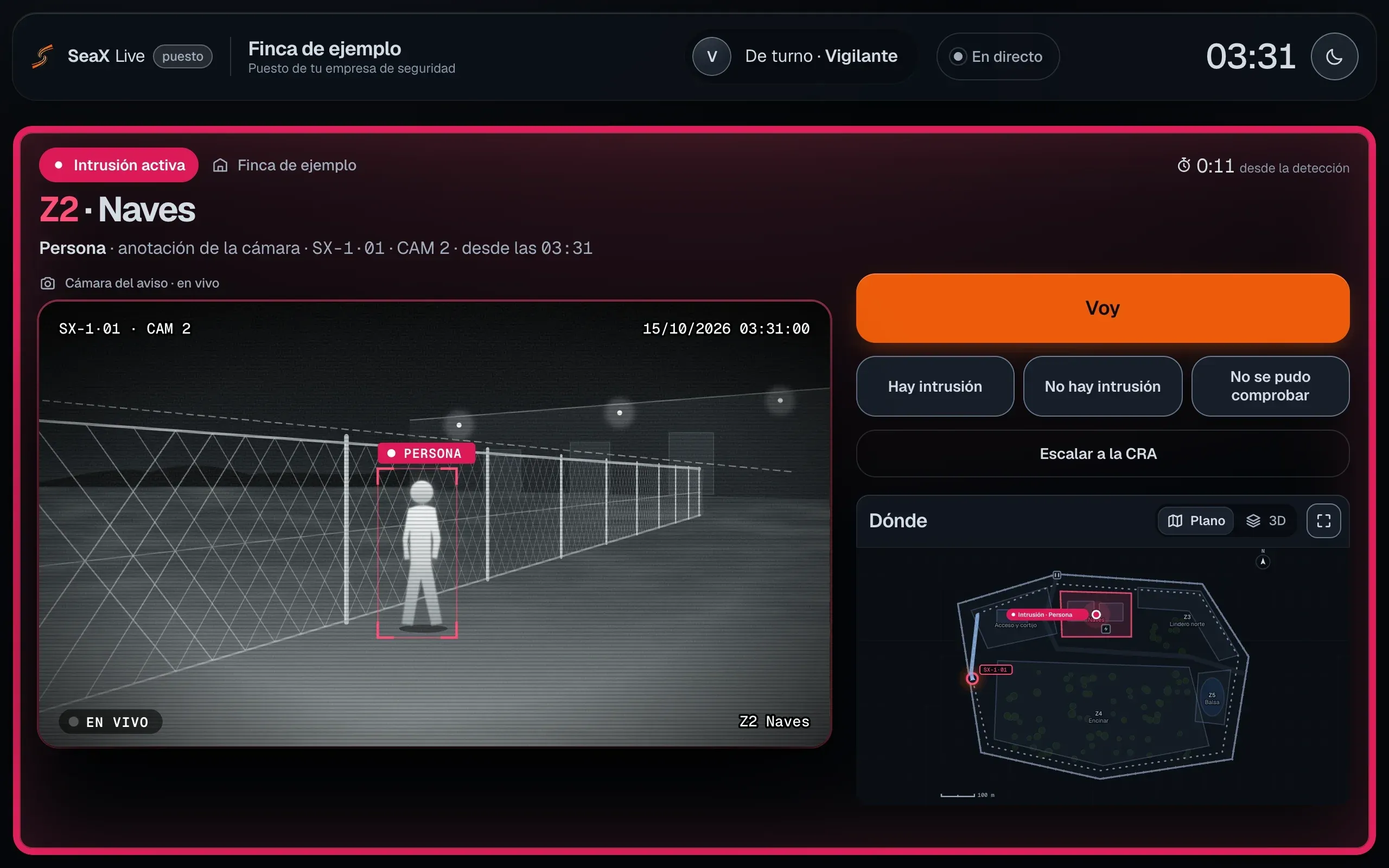 El puesto del vigilante en SeaX Live: el aviso «Intrusión activa» en la zona 2, la cámara del SX-1 en directo con la persona marcada, los botones «Voy», «Hay intrusión», «No hay intrusión», «No se pudo comprobar» y «Escalar a la CRA», y el plano con el punto del aviso.