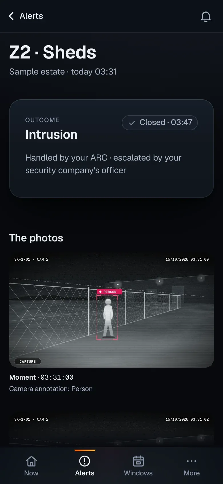 SeaX View on a phone: the zone 2 alert, closed at 03:47 as “Intrusion”, handled by your ARC after the officer escalated it, with the camera photos.