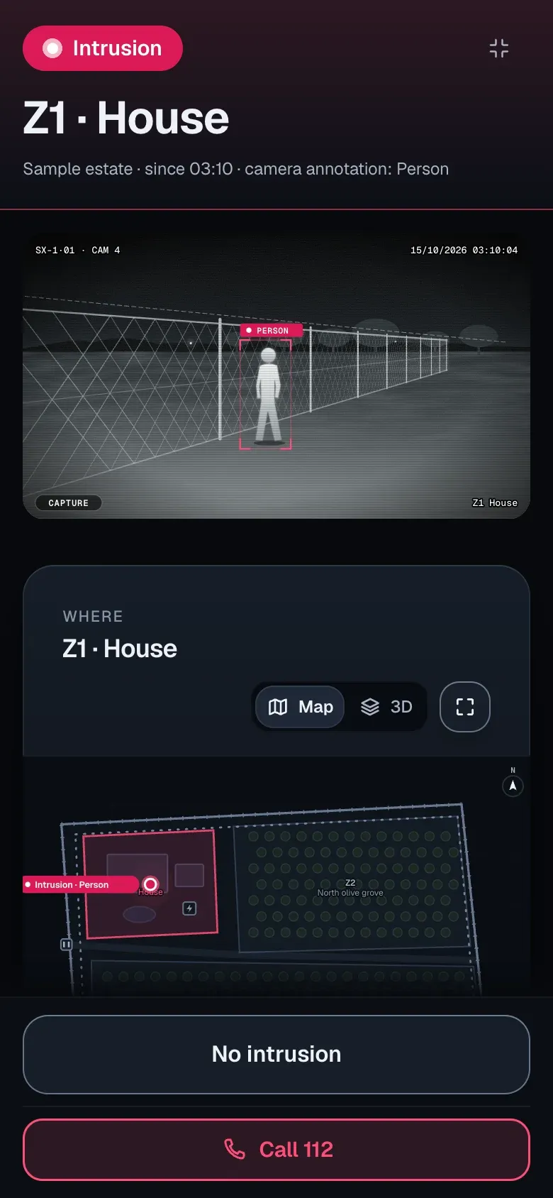 Mockup of SeaX View on the owner’s phone: an intrusion alert in Z1 · House at 03:10, with the robot’s photo and the person marked, the “Where” map and the buttons “No intrusion” and “Call 112”. On top, the notification “Critical alert · Sample estate”.