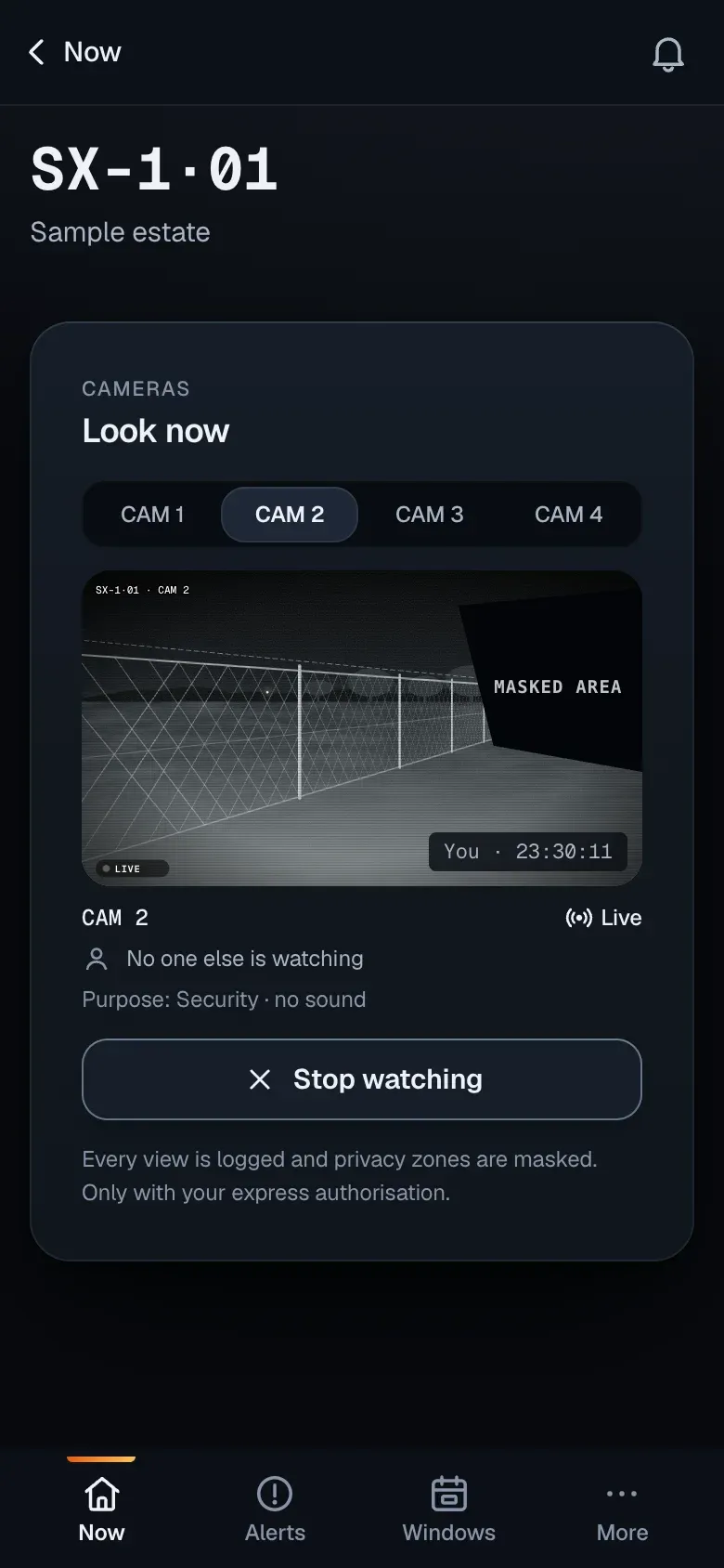Mockup of “Look now” in SeaX View: camera 2 of the SX-1·01 robot live, with a masked area in black, the “You” watermark with the time, “No one else is watching” and “Only with your express authorisation”.