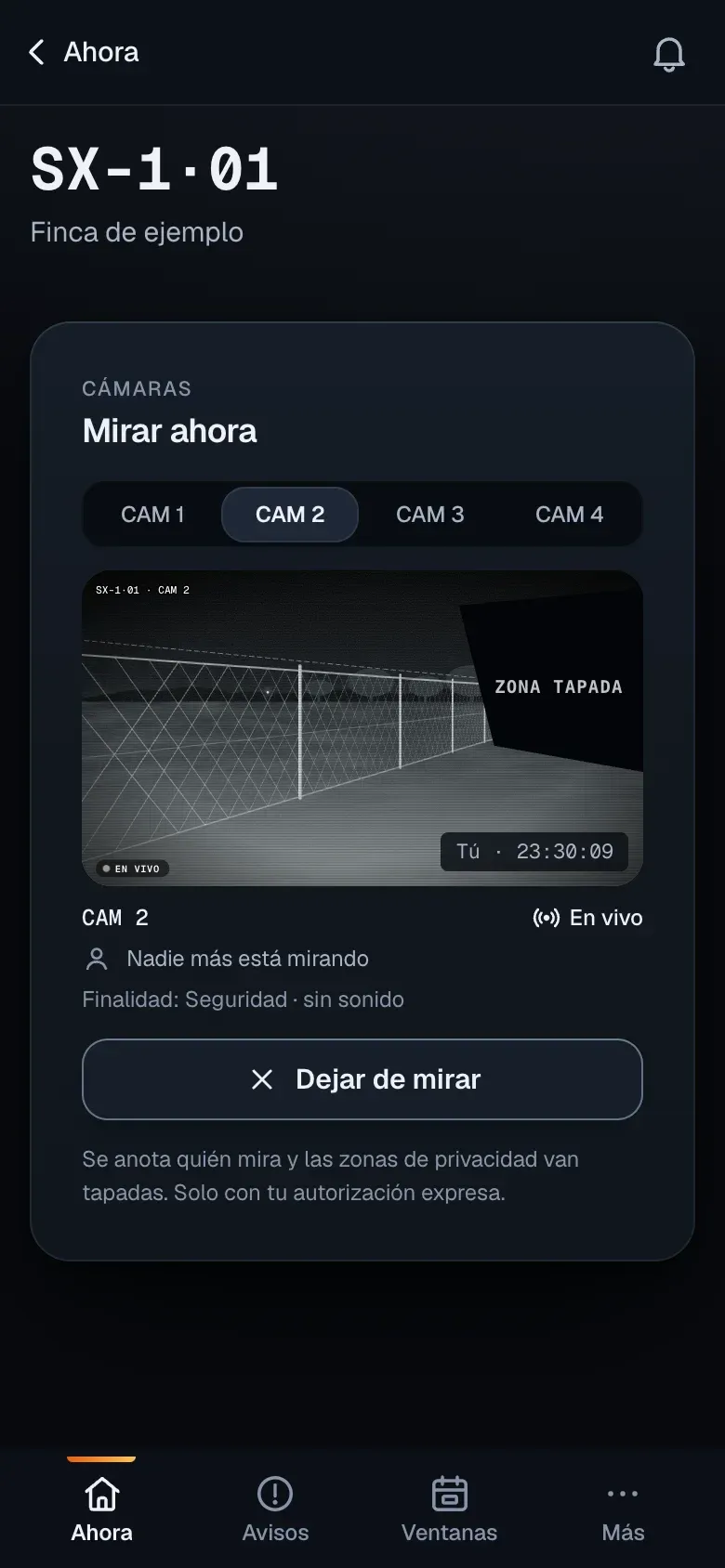 Maqueta de «Mirar ahora» en SeaX View: la cámara 2 del robot SX-1·01 en directo, con una zona tapada en negro, la marca de agua «Tú» con la hora, «Nadie más está mirando» y «Solo con tu autorización expresa».
