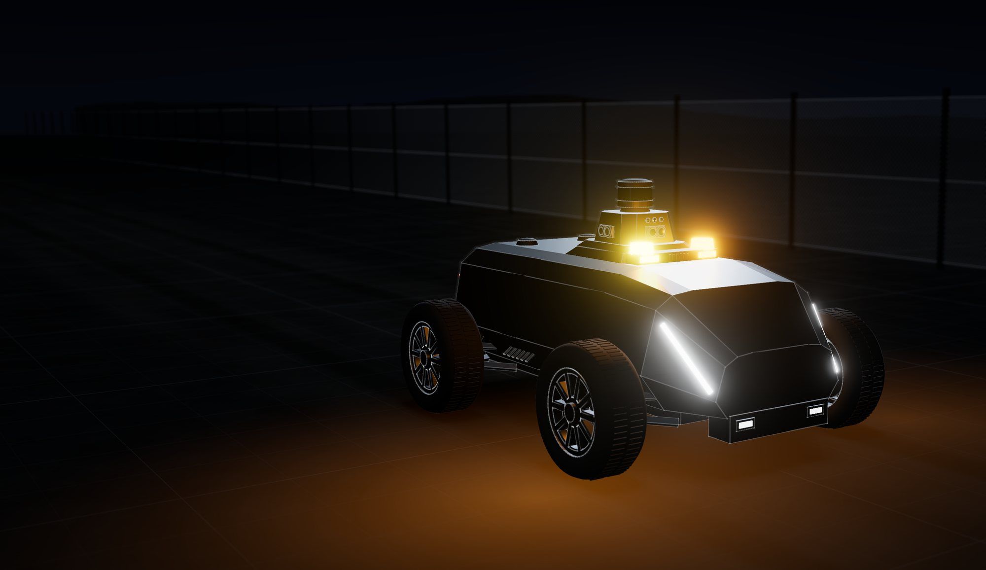 Render del robot SX-1 de noche en un camino junto a la valla de un recinto, de frente y a tres cuartos, con sus luces encendidas.