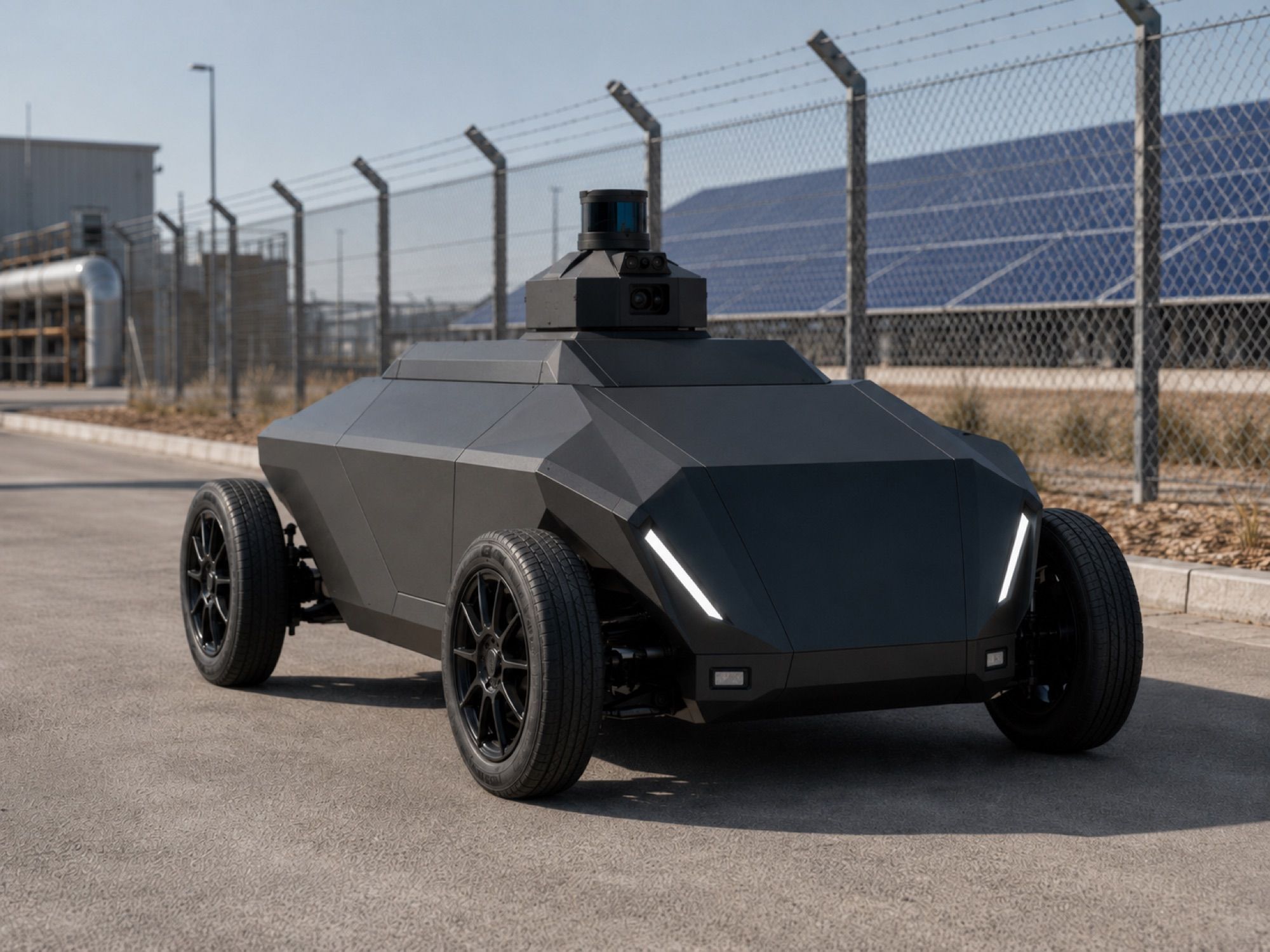 Render del robot SX-1 de día, de frente y a tres cuartos junto a la valla de un recinto con placas solares, con las luces delanteras en diagonal encendidas.
