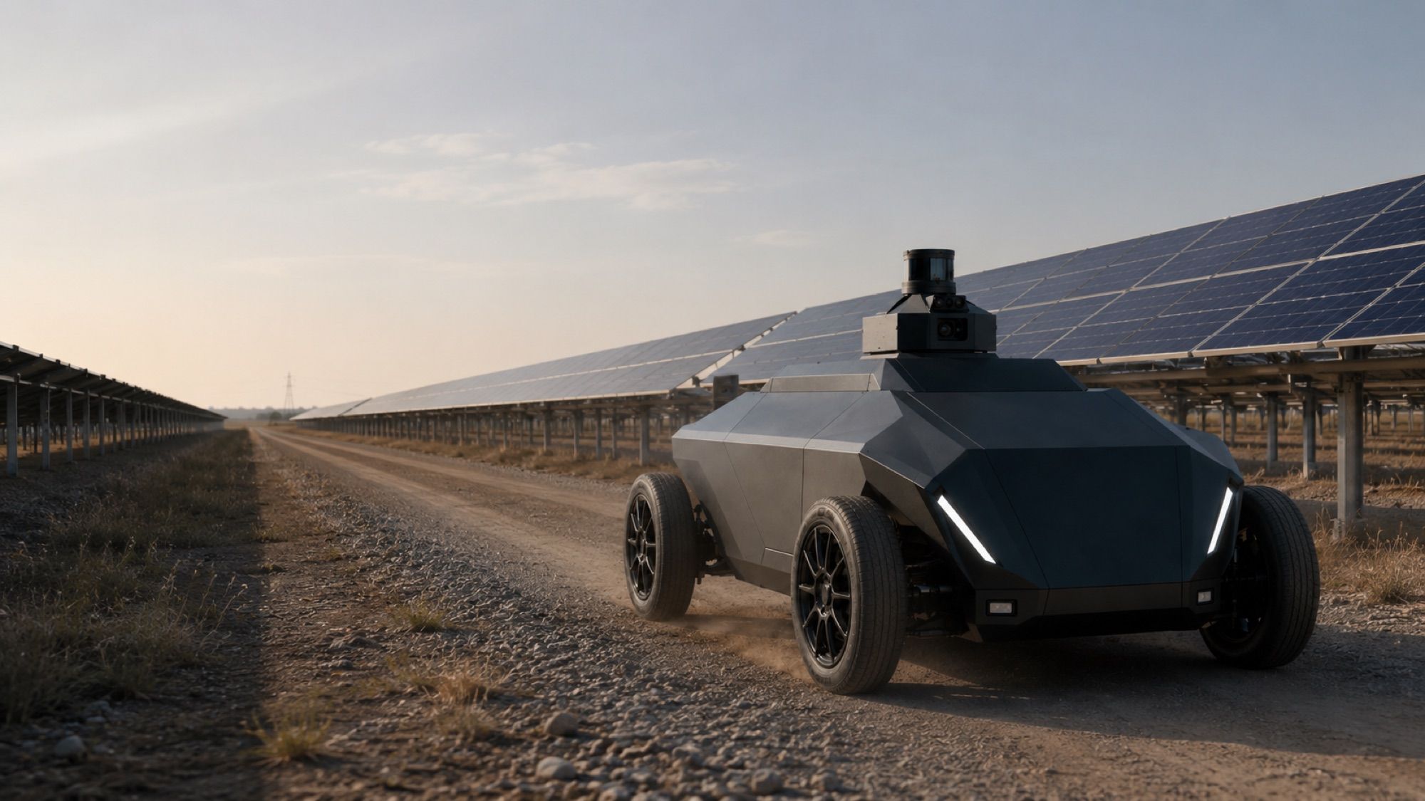Render del robot SX-1 por un camino entre los paneles de una planta solar.